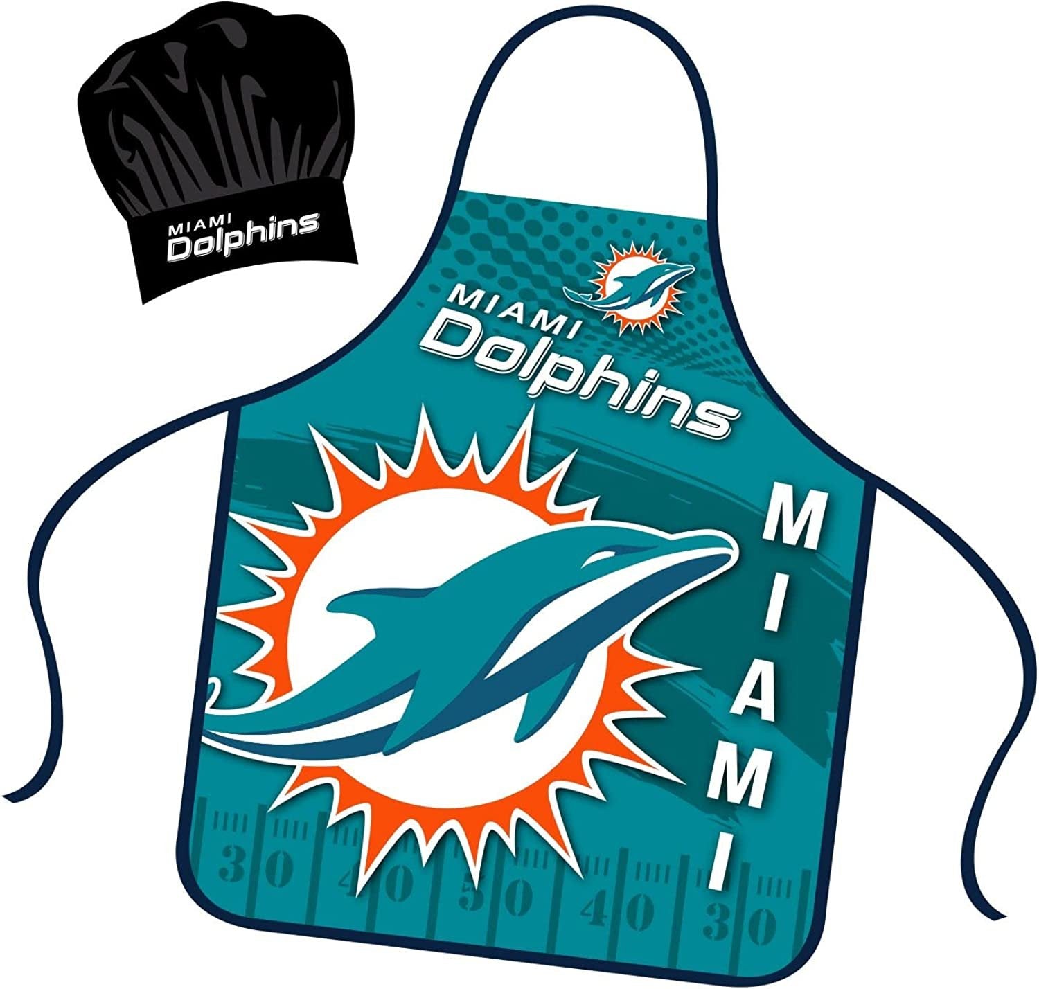Miami Dolphins Apron Chef Hat Set Full Color Universal Size Tie Back Grilling Tailgate BBQ Cooking Host