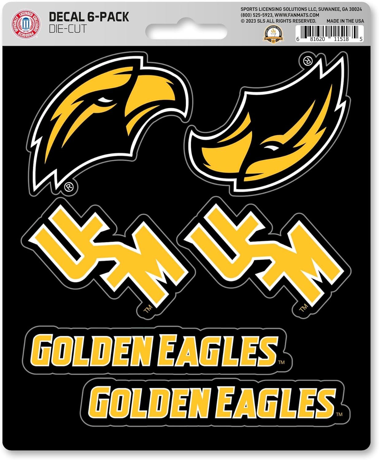 University of Southern Mississippi Golden Eagles 6-Piece Decal Sticker Set, 5x6 Inch Sheet, Gift for football fans for any hard surfaces around home, automotive, personal items