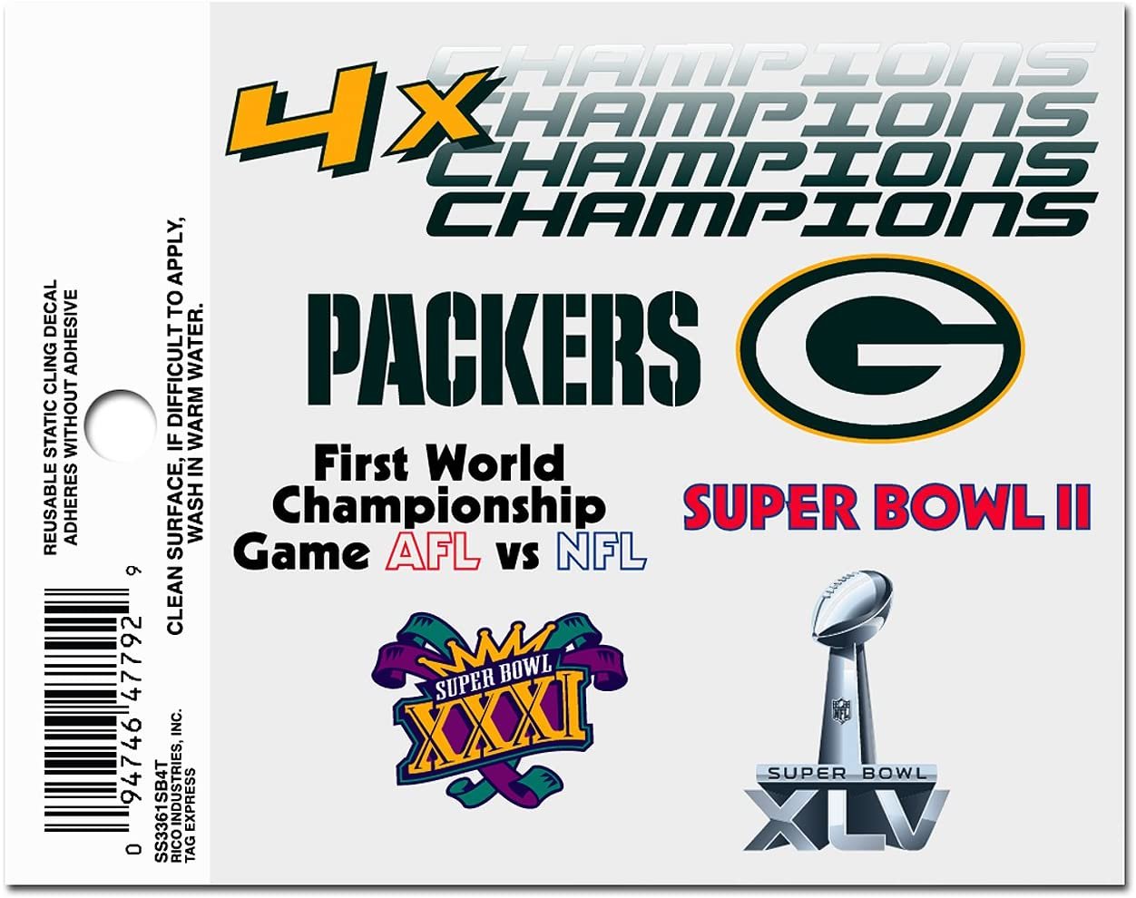 Green Bay Packers 4X Super Bowl Champions 3 Inch Flat Static Cling Decal