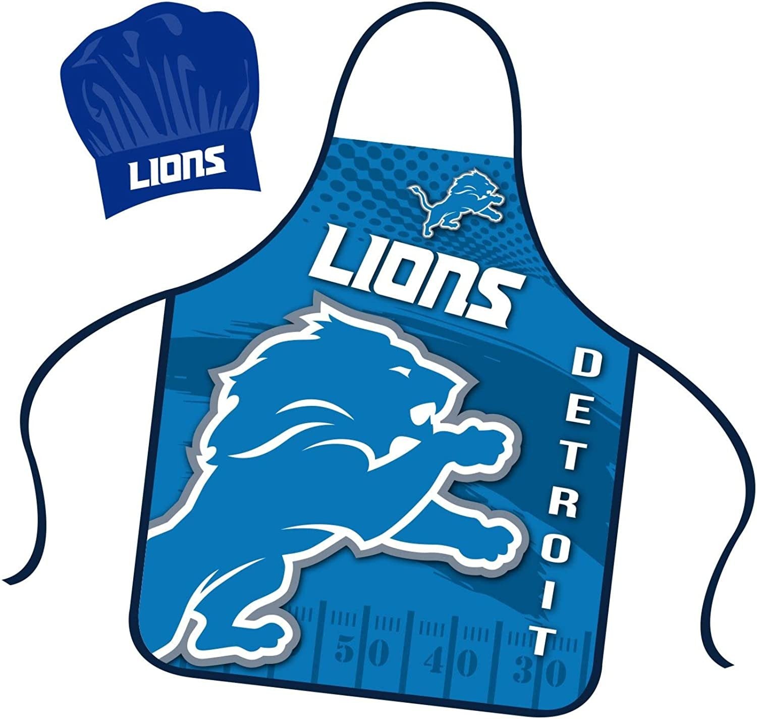 Detroit Lions Apron Chef Hat Set Full Color Universal Size Tie Back Grilling Tailgate BBQ Cooking Host