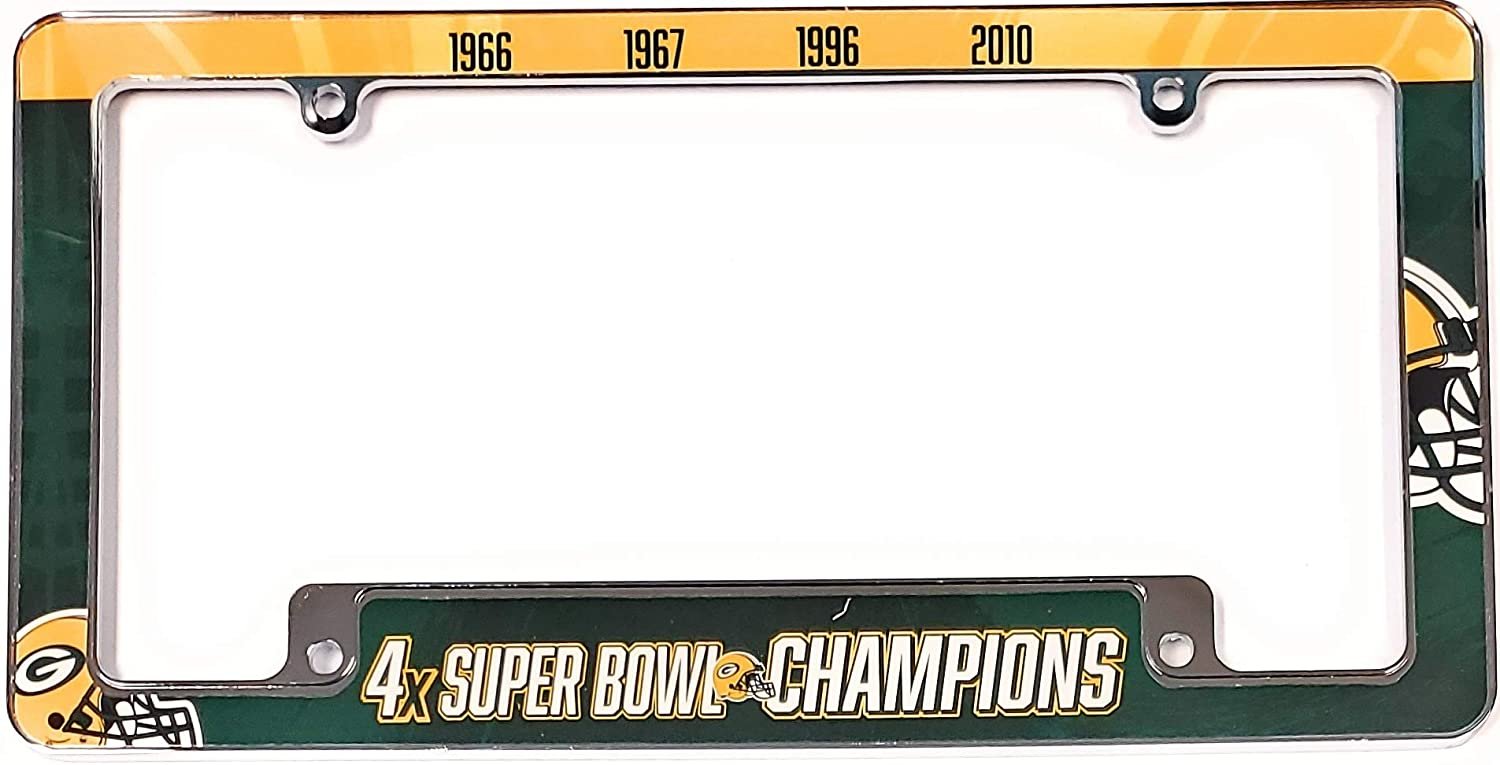 Green Bay Packers 4X Time Super Bowl Champions Metal License License Plate Frame Tag Cover, All Over Design, 12x6 Inch