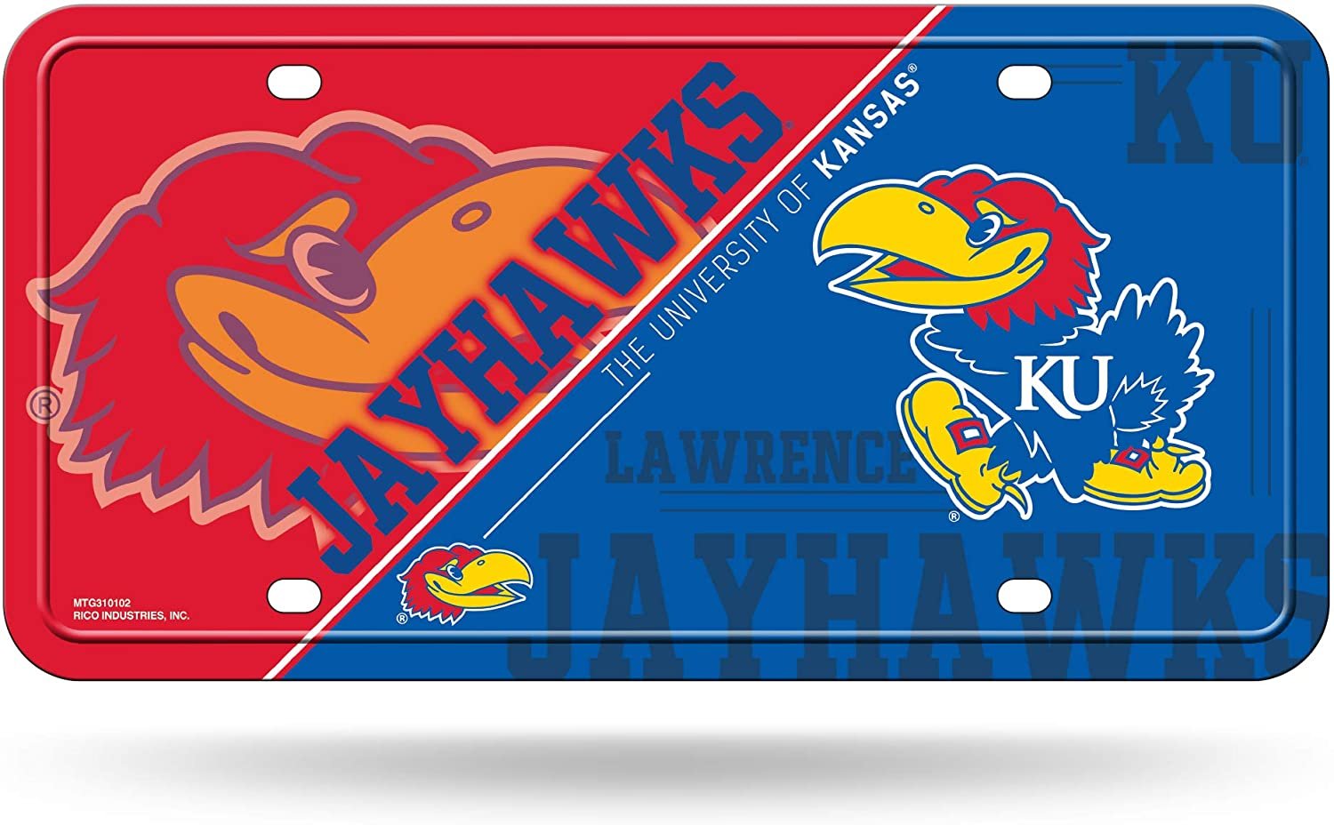 University of Kansas Jayhawks Metal Auto Tag License Plate, Split Design, 6x12 Inch