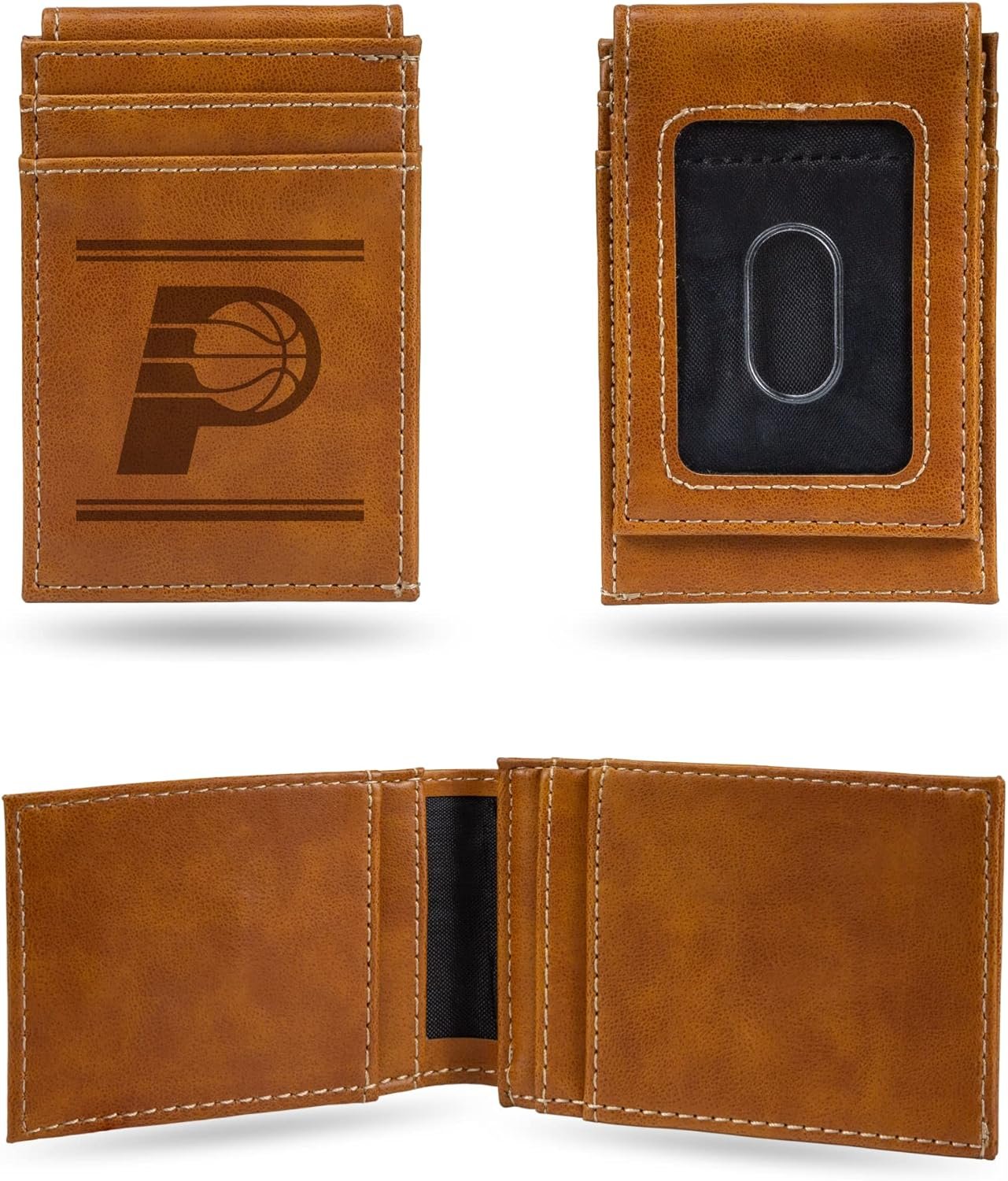 Indiana Pacers Premium Brown Leather Wallet, Front Pocket Magnetic Money Clip, Laser Engraved, Vegan