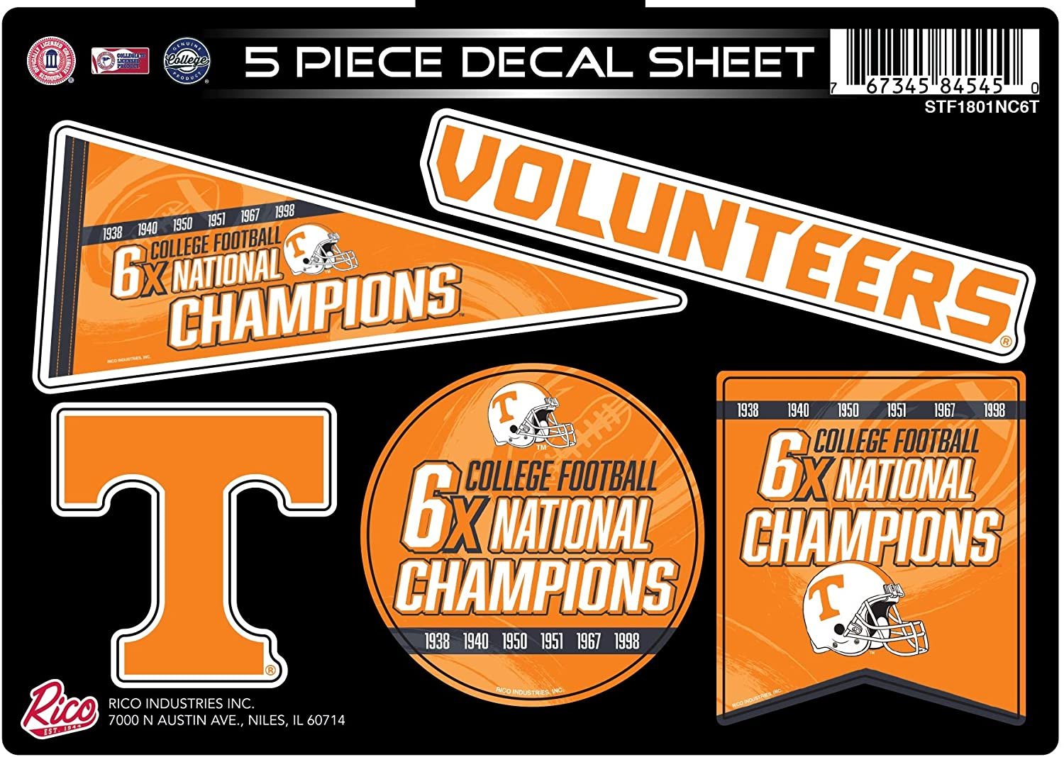 Tennessee Volunteers 6X Time Champions Decal Sticker Multi Sheet 5 Piece College Football Flat Vinyl Emblem University of