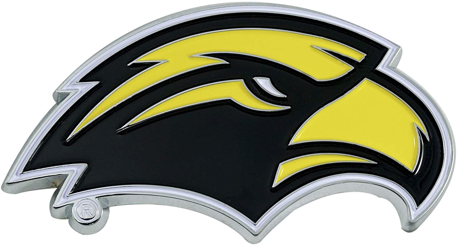 University of Southern Mississippi Eagles Premium Solid Metal Raised Auto Emblem, Team Color, Shape Cut, Adhesive Backing