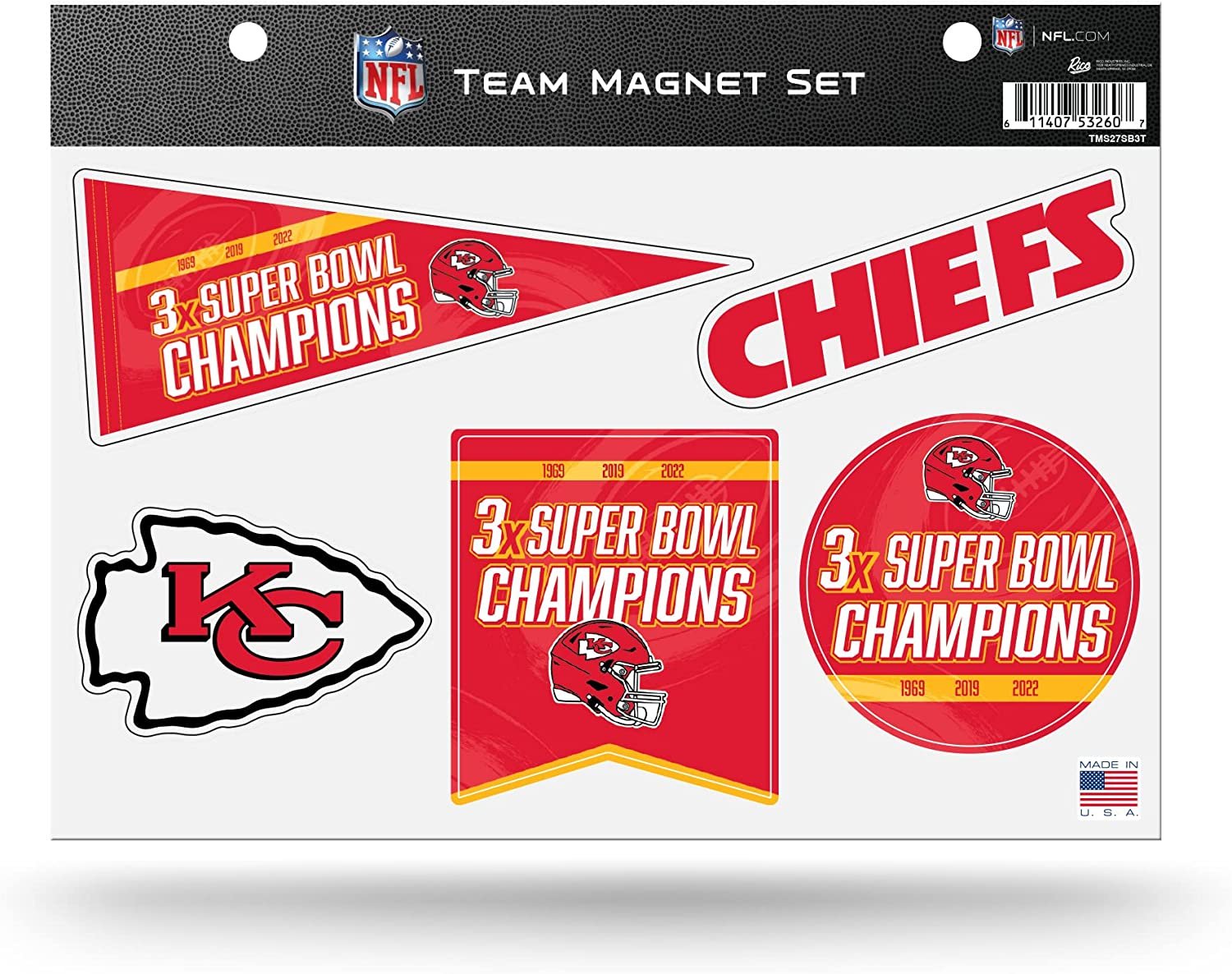 Kansas City Chiefs 3 Time Super Bowl Champions Magnet Sheet Team Set 8.5x11 Inch