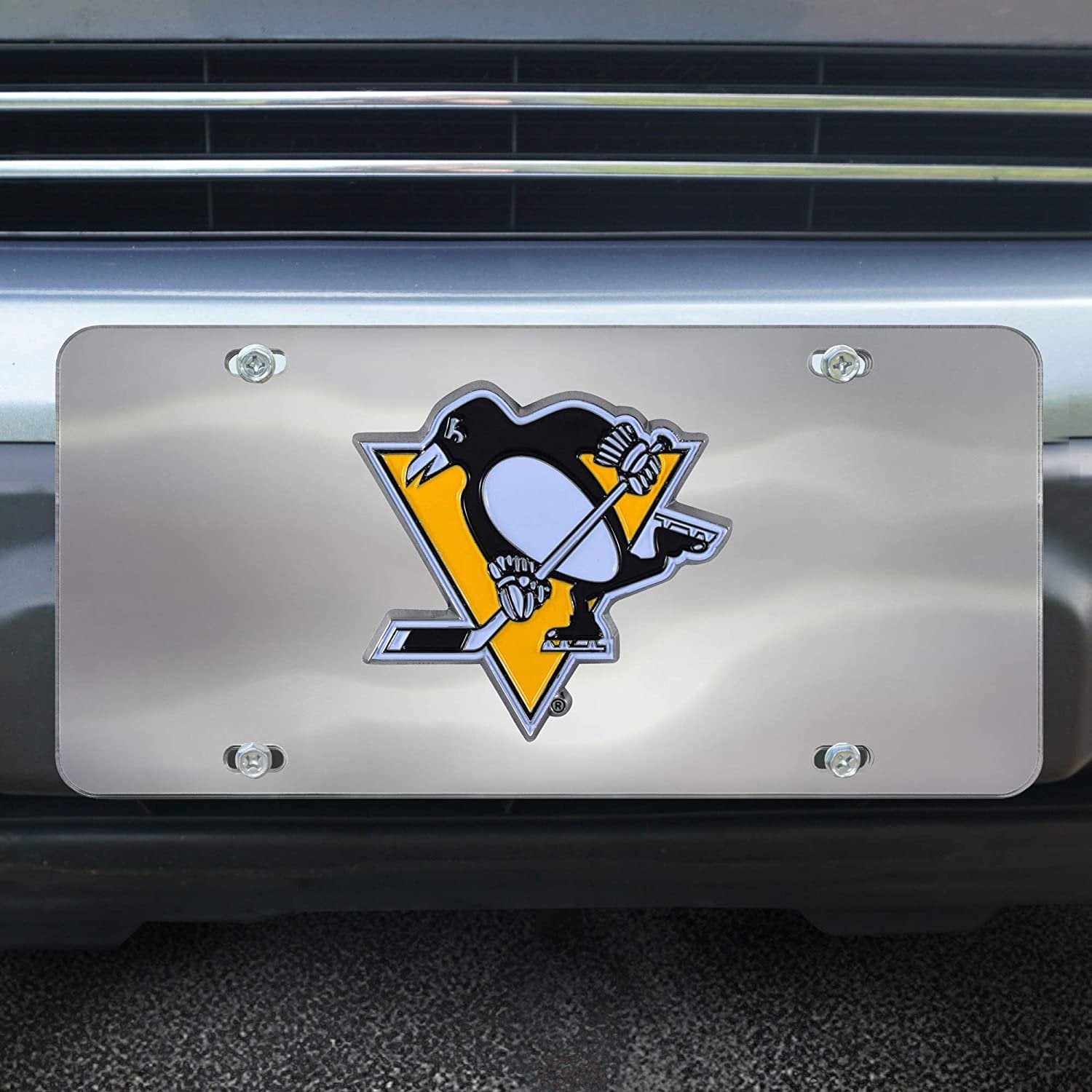 Pittsburgh Penguins License Plate Tag, Premium Stainless Steel Diecast, Chrome, Raised Solid Metal Color Emblem, 6x12 Inch