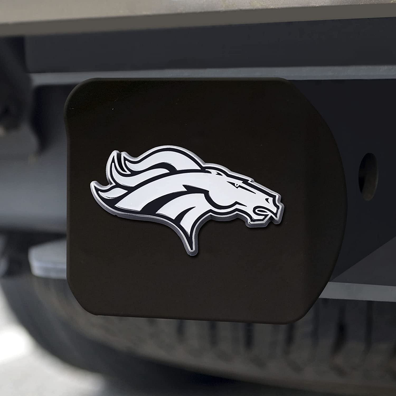 Denver Broncos Solid Metal Black Hitch Cover with Chrome Metal Emblem 2 Inch Square Type III
