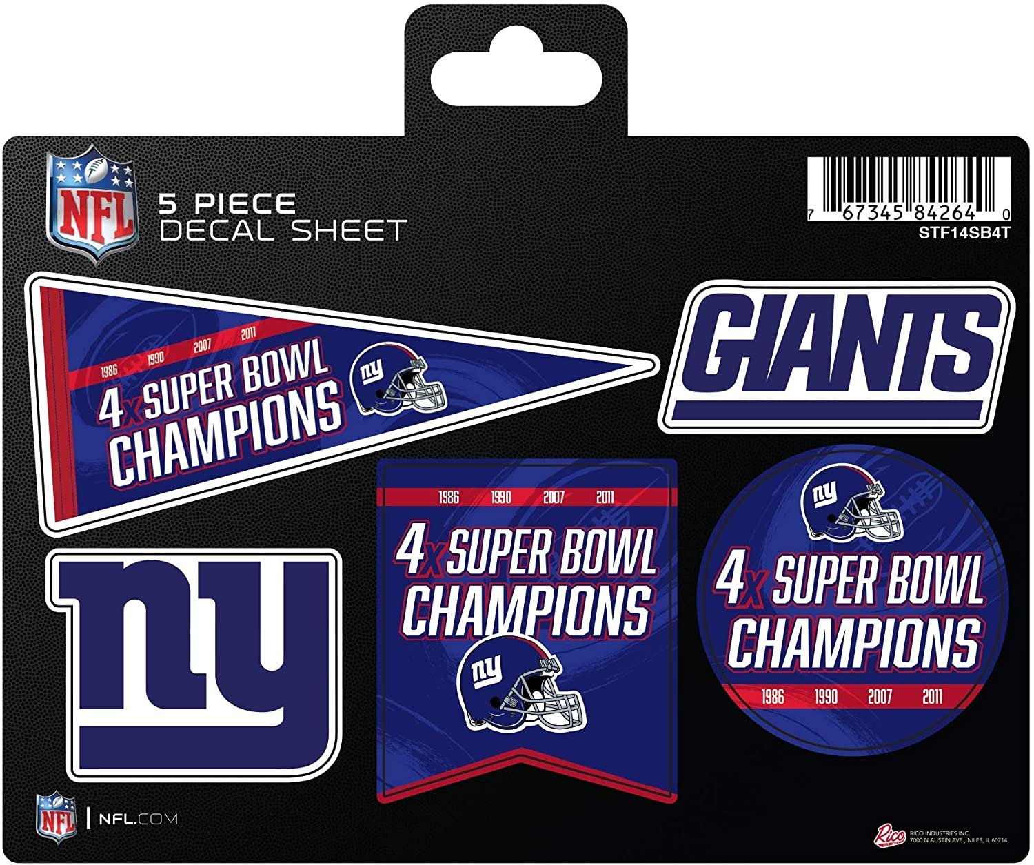 New York Giants Decal Sticker Sheet, 4X Time Champions, 5 Piece Multi, Flat Vinyl, 4x6 Inch