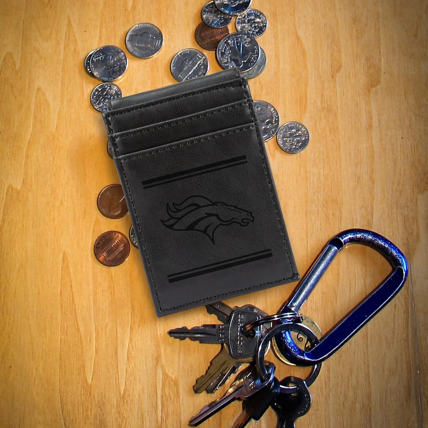 Denver Broncos Premium Black Leather Wallet, Front Pocket Magnetic Money Clip, Laser Engraved, Vegan