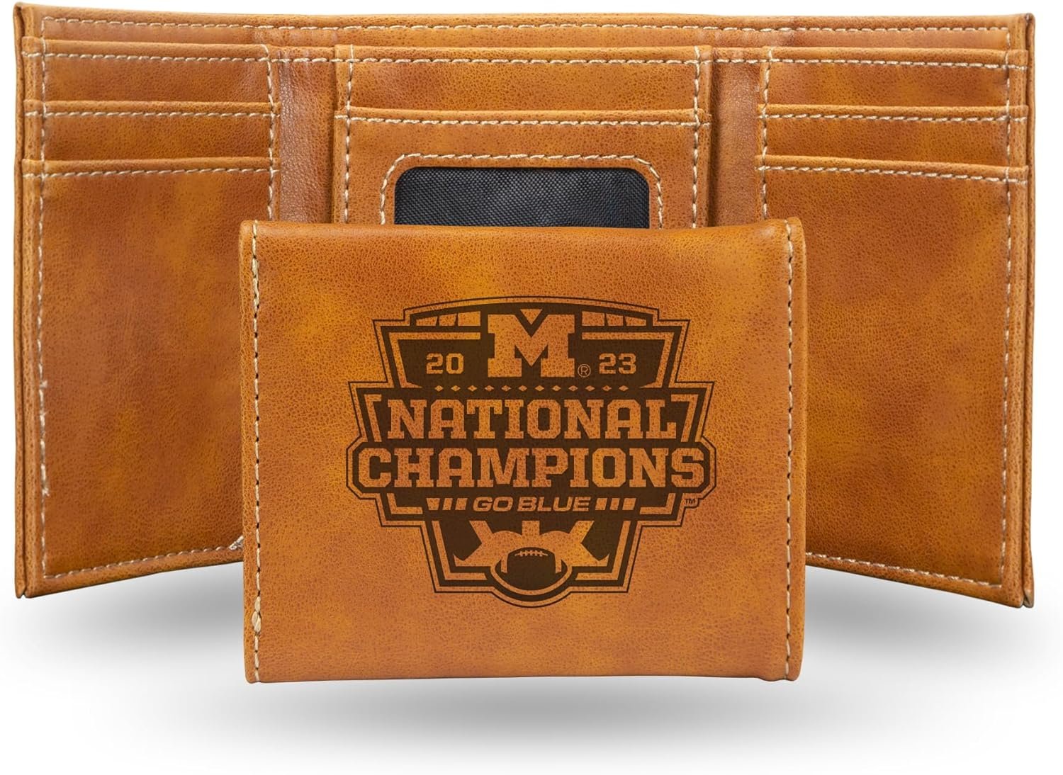 University of Michigan Wolverines 2024 Champions Premium Brown Leather Wallet, Trifold, Embossed Laser Engraved
