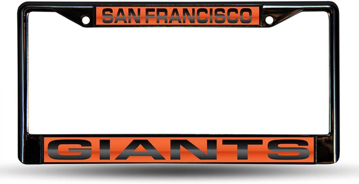 San Francisco Giants Black Metal License Plate Frame Tag Cover, Laser Acrylic Mirrored Inserts, 12x6 Inch