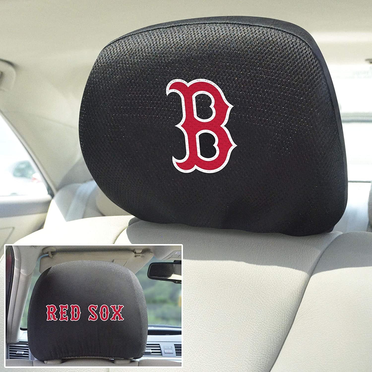 Boston Red Sox Pair of Premium Auto Head Rest Covers, Embroidered, Black Elastic, 14x10 Inch