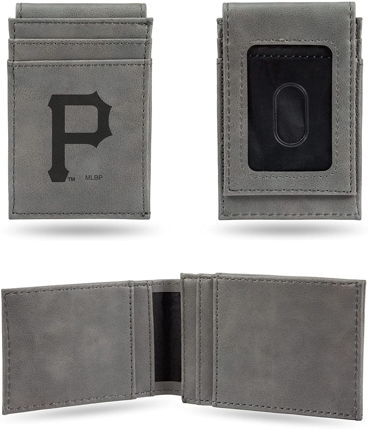 Pittsburgh Pirates Premium Gray Leather Wallet, Front Pocket Magnetic Money Clip, Laser Engraved