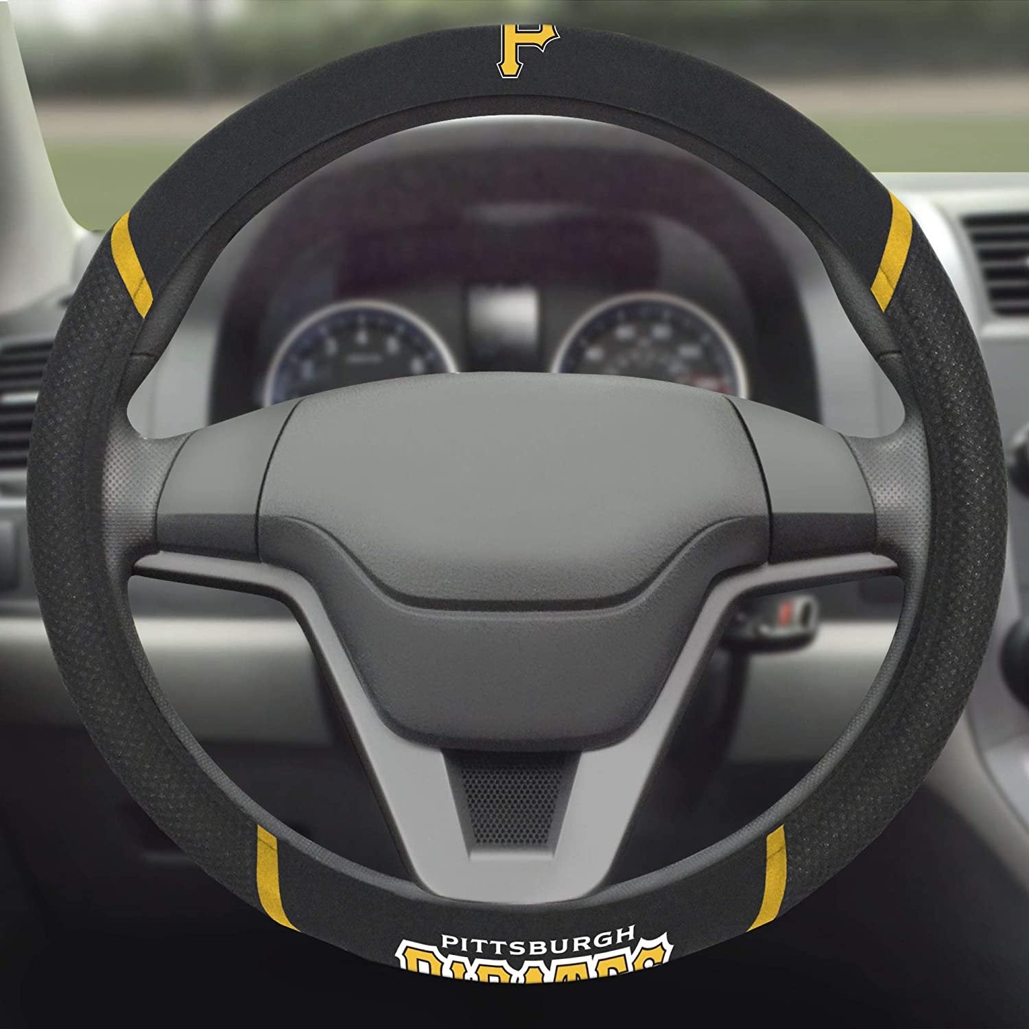 Pittsburgh Pirates Steering Wheel Cover Premium Embroidered Black 15 Inch