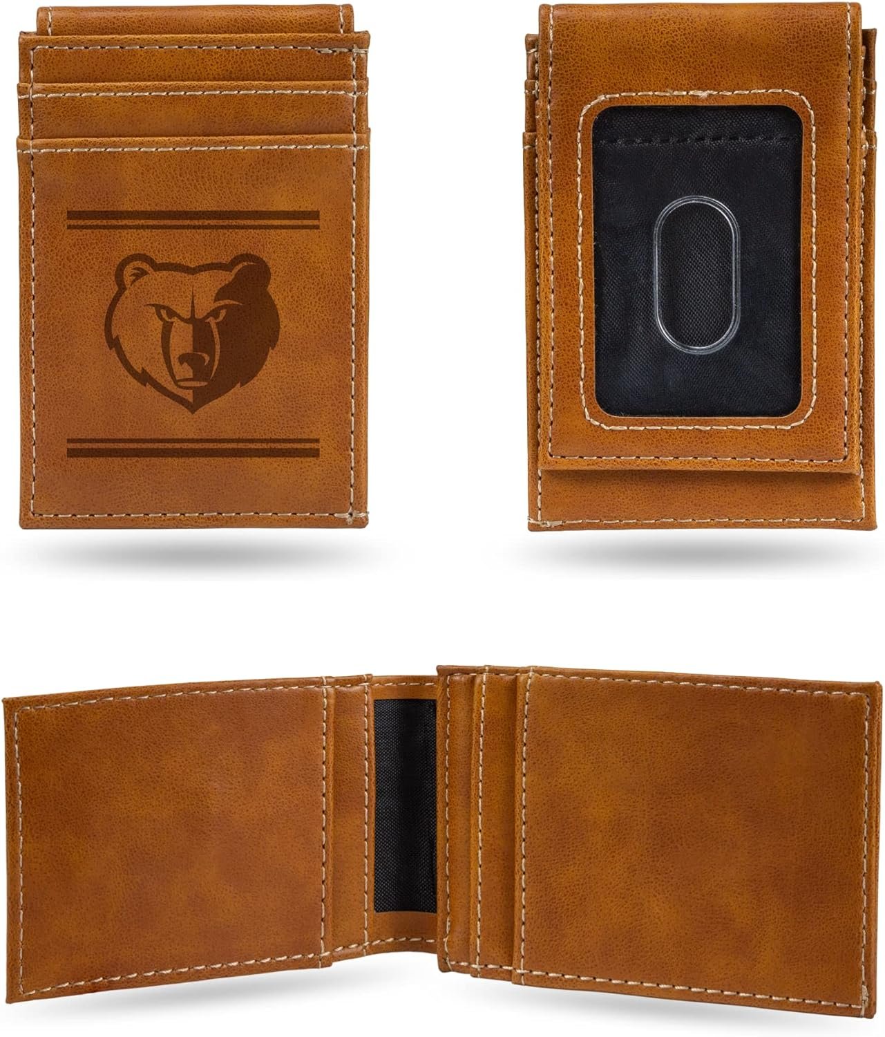 Memphis Grizzlies Premium Brown Leather Wallet, Front Pocket Magnetic Money Clip, Laser Engraved, Vegan