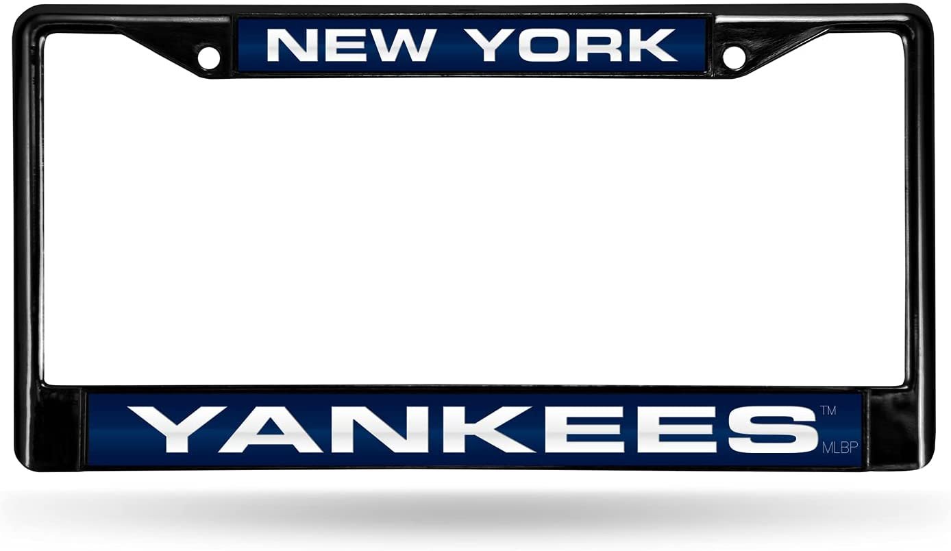 New York Yankees Black Metal License Plate Frame Tag Cover Laser Mirrored Acrylic Insert 6x12 Inch