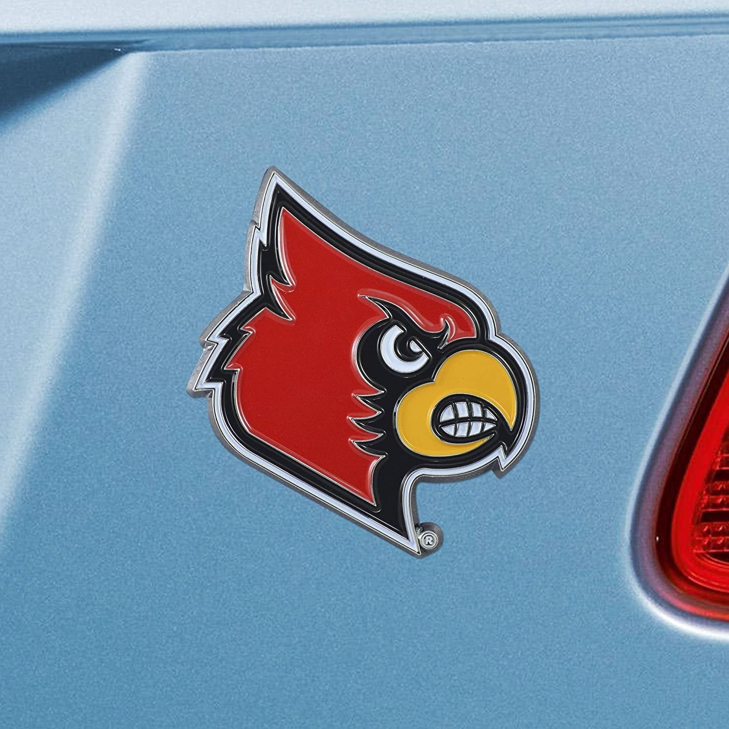 University of Louisville Cardinals Premium Solid Metal Raised Auto Emblem, Team Color, Shape Cut, Adhesive Backing