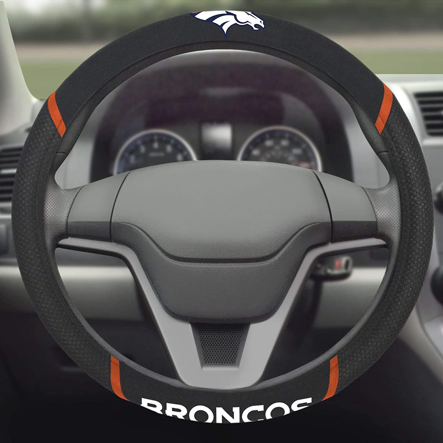 Denver Broncos Premium 15 Inch Black Emroidered Steering Wheel Cover