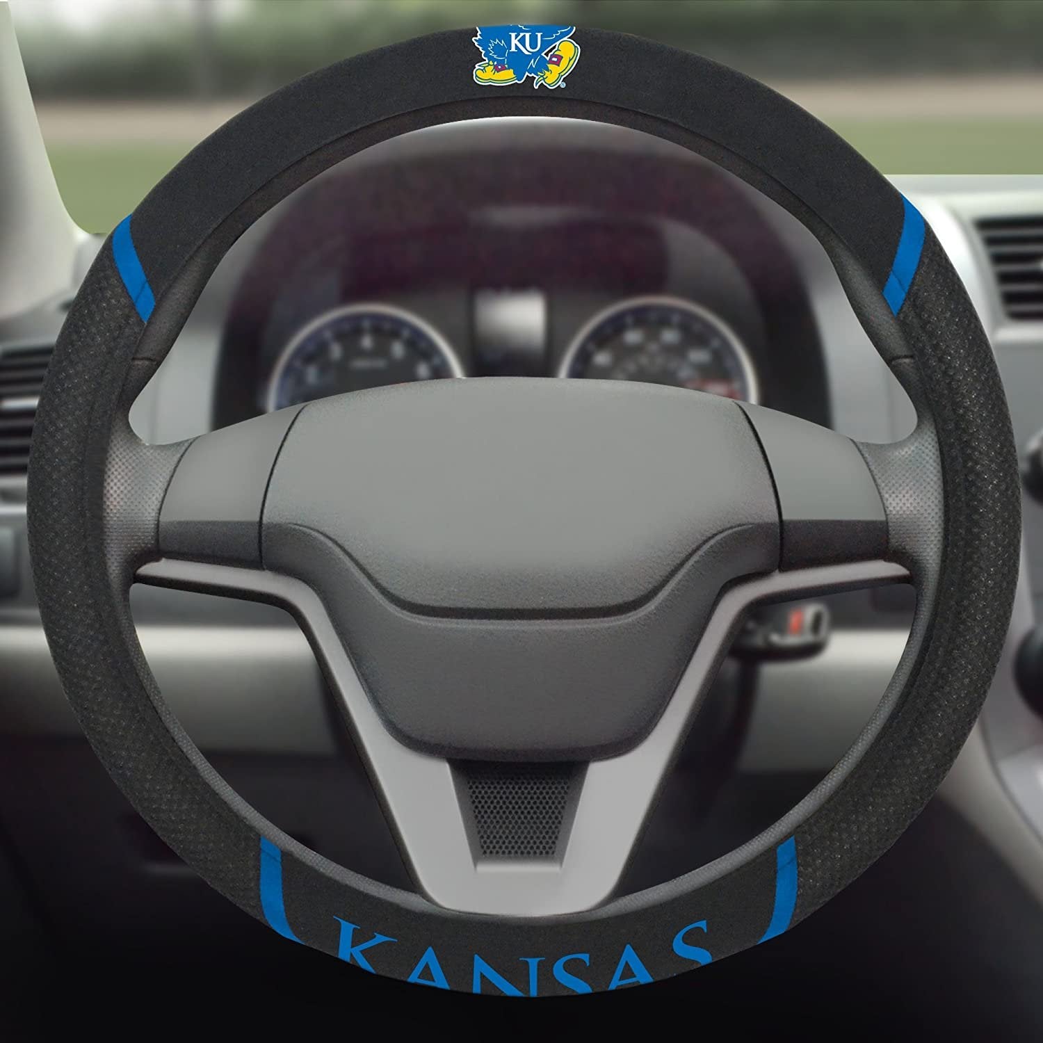 Kansas Jayhawks Steering Wheel Cover Premium Embroidered Black 15 Inch University of