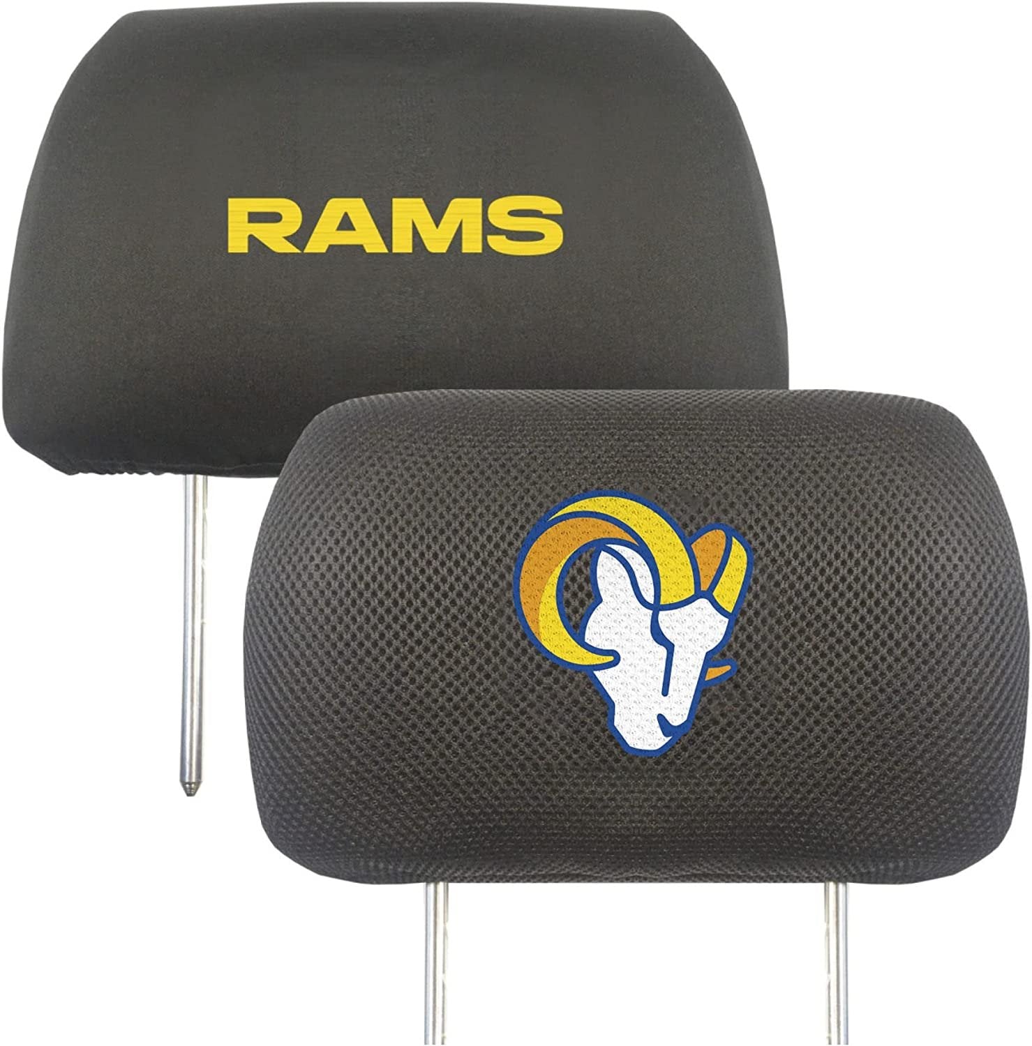 Los Angeles Rams Pair of Premium Embroidered Black Auto Headrest Covers 14x10 Inch Size Elastic