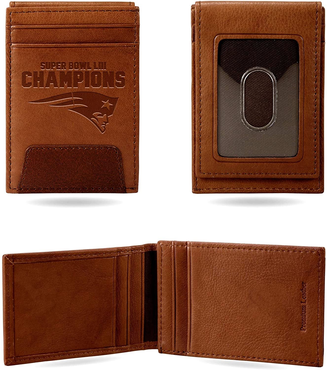 New England Patriots Super Bowl LIII Champions Premium Brown Leather Wallet, Front Pocket Magnetic Money Clip, Laser Engraved