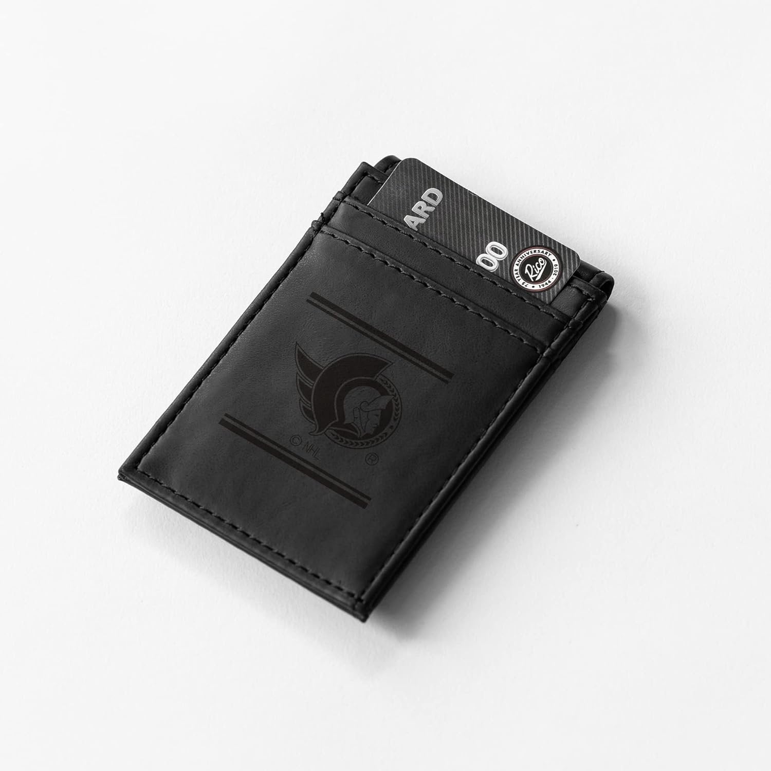 Ottawa Senators Premium Black Leather Wallet, Front Pocket Magnetic Money Clip, Laser Engraved, Vegan