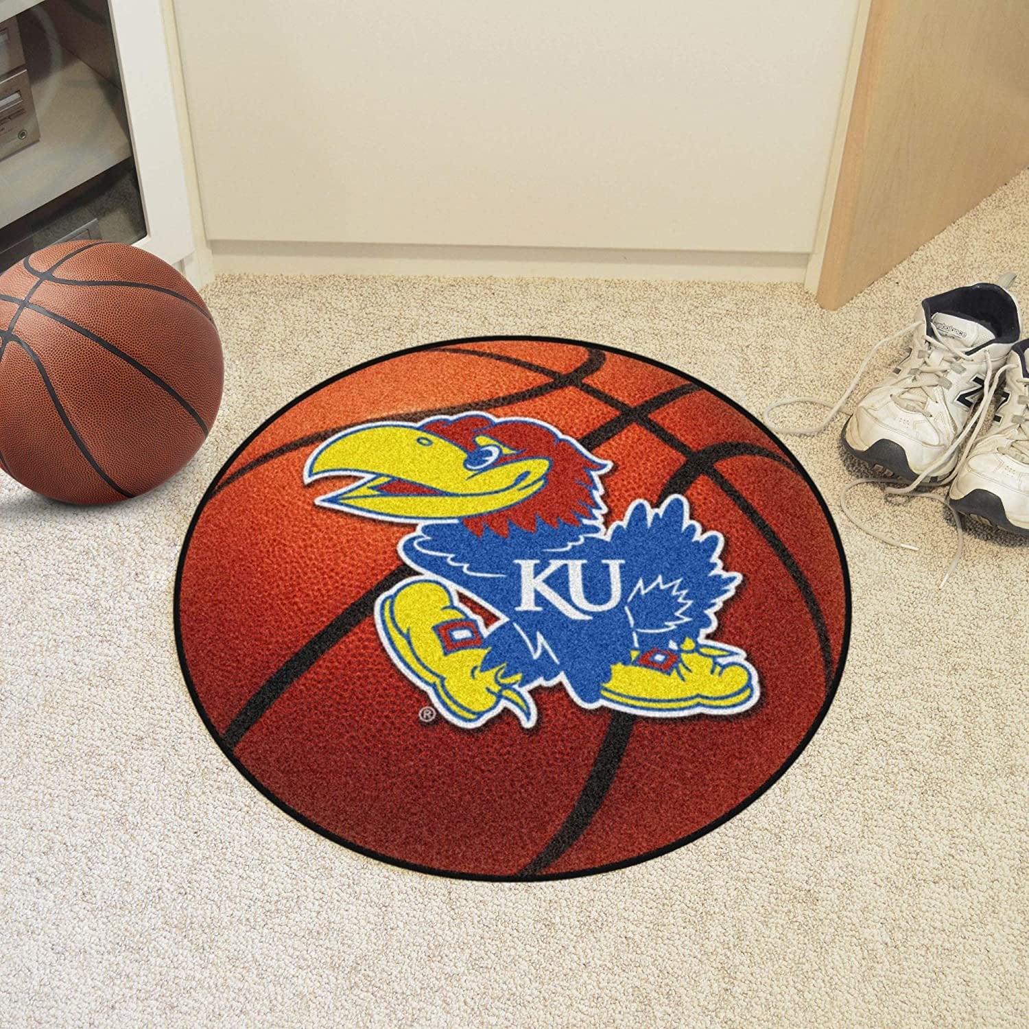 University of Kansas Jayhawks 27 Inch Area Rug Floor Mat, Nylon, Anti-Skid Backing, Basketball Shaped