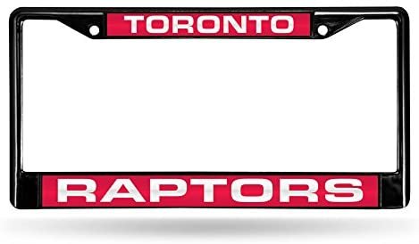 Toronto Raptors Black Metal License Plate Frame Tag Cover, Laser Acrylic Mirrored Inserts, 12x6 Inch
