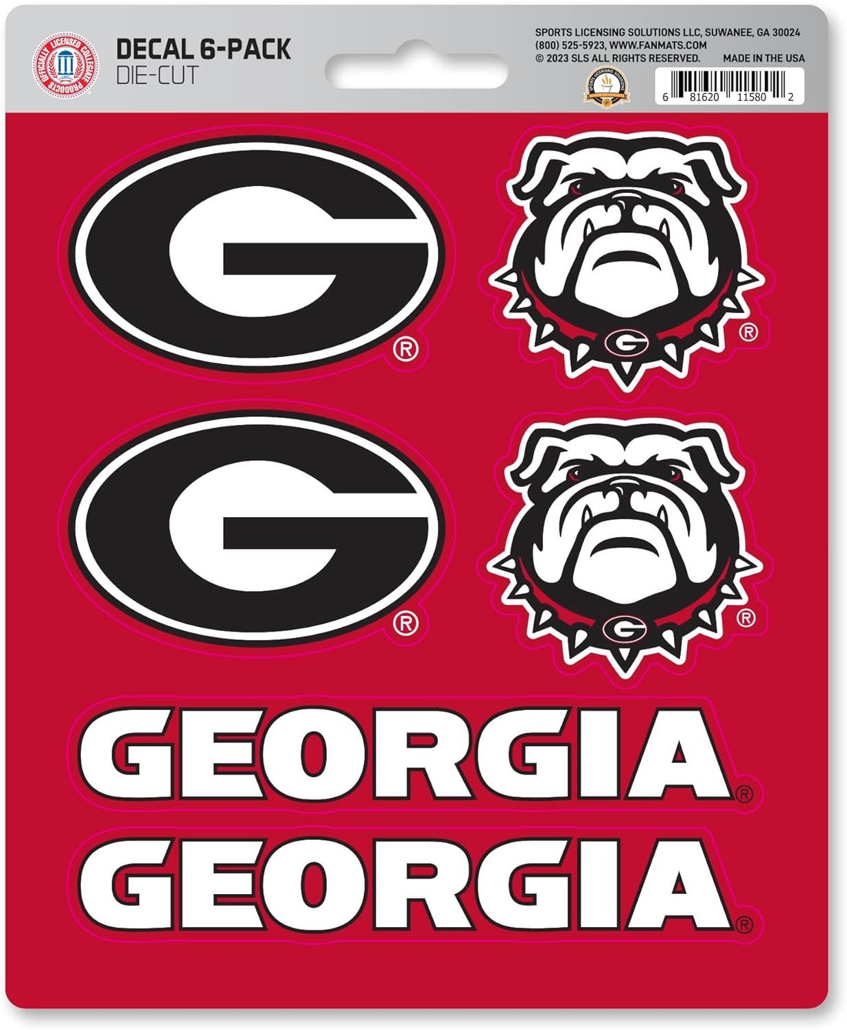 University of Georgia Bulldogs 6-Piece Decal Sticker Set, 5x6 Inch Sheet, Gift for football fans for any hard surfaces around home, automotive, personal items