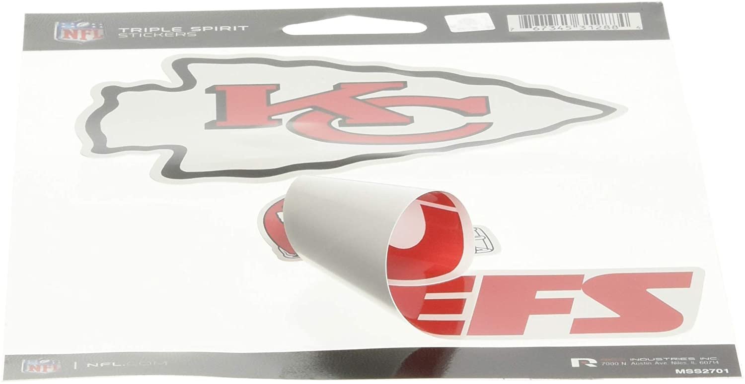 NFL Rico Industries Die Cut 3-Piece Triple Spirit Sticker Sheet, Kansas City Chiefs Team Color, 5 x 7-inches