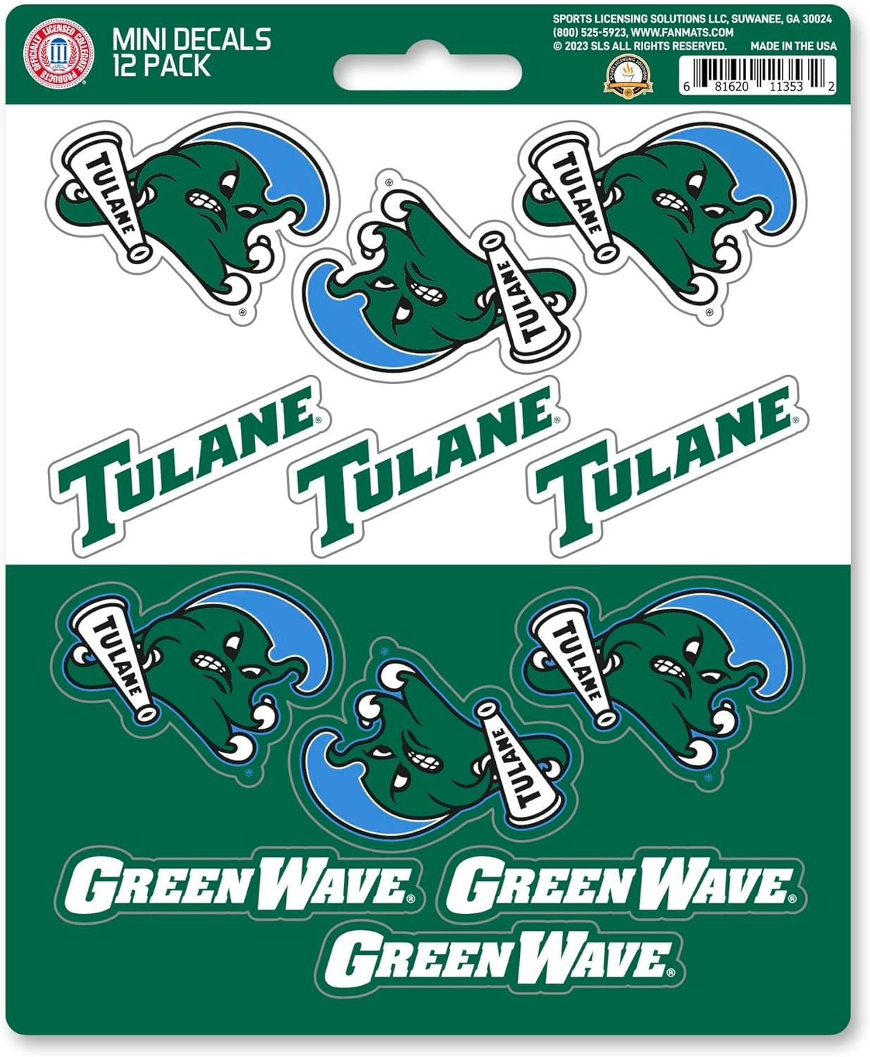Tulane University Green Wave 12-Piece Mini Decal Sticker Set, 5x6 Inch Sheet, Gift for football fans for any hard surfaces around home, automotive, personal items