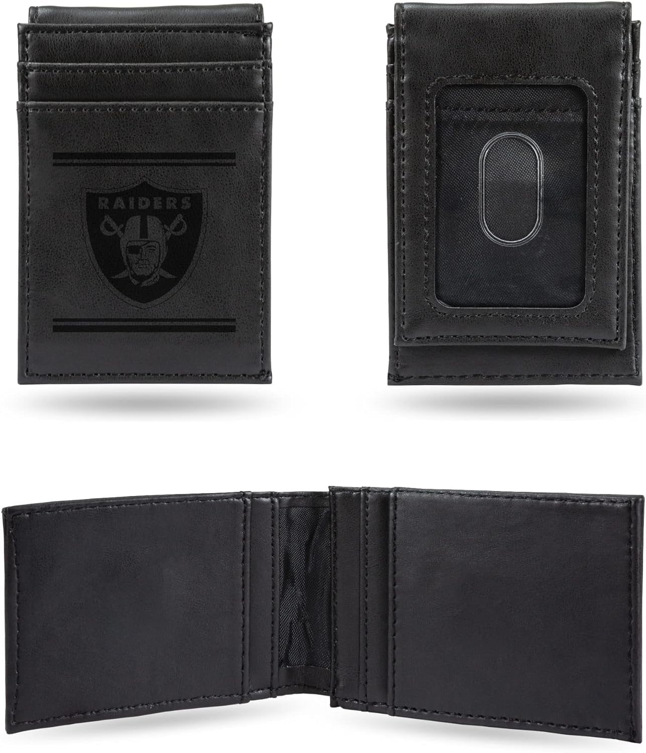 Las Vegas Raiders Premium Black Leather Wallet, Front Pocket Magnetic Money Clip, Laser Engraved, Vegan