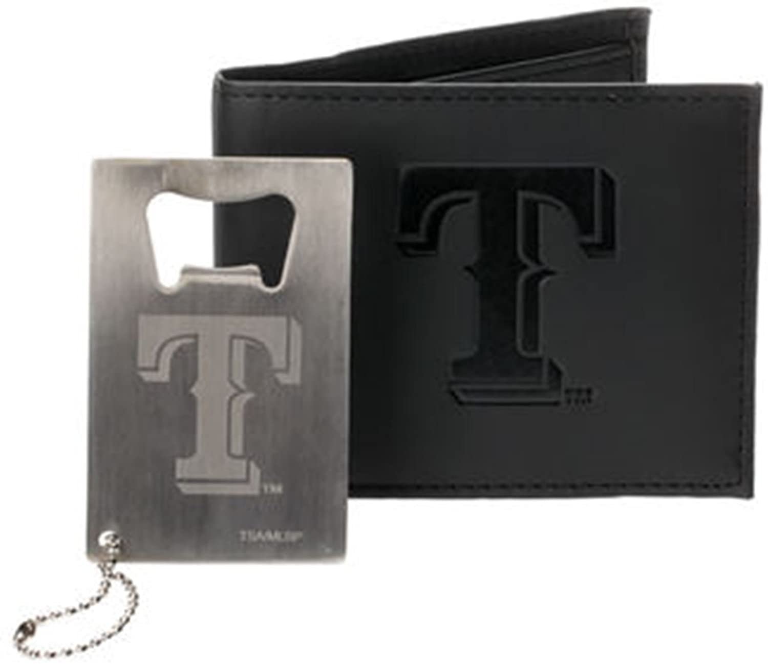 Texas Rangers Premium Black Leather Wallet & Bottle Opener Keychain Gift Set Baseball