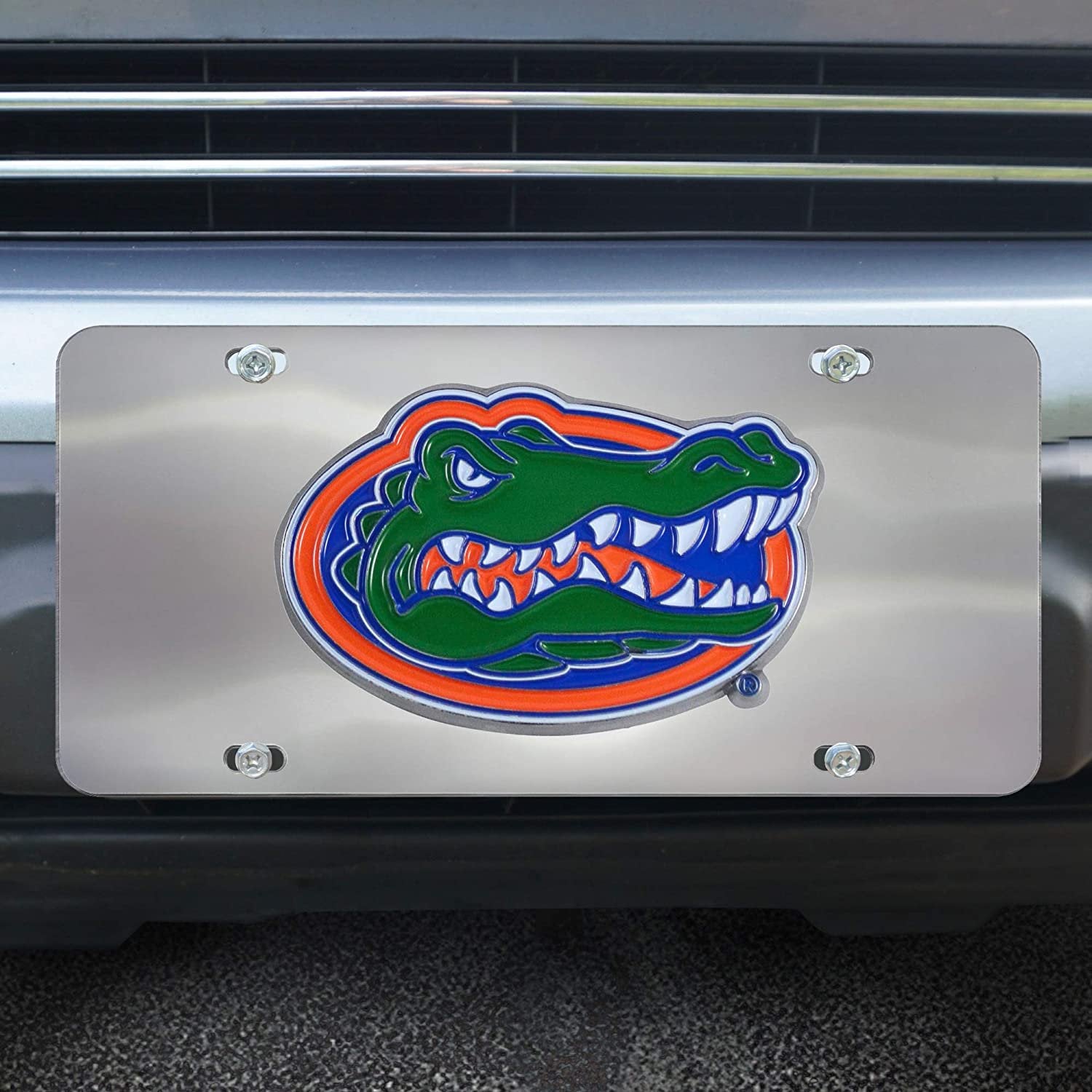 University of Florida Gators License Plate Tag, Premium Stainless Steel Diecast, Chrome, Raised Solid Metal Color Emblem, 6x12 Inch