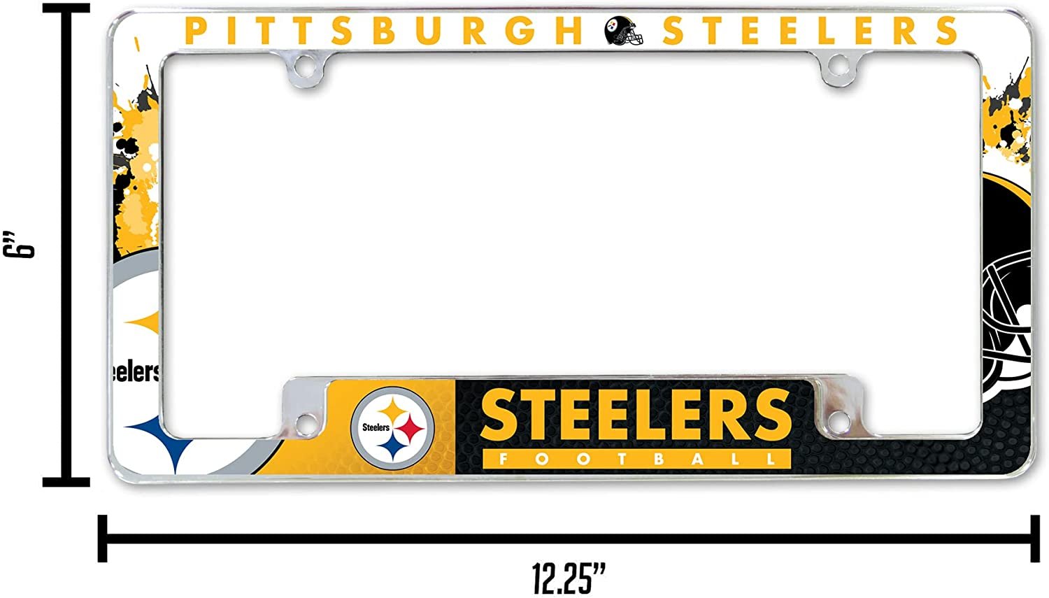 Pittsburgh Steelers Metal License Plate Frame Chrome Tag Cover All Over Design 12x6 Inch