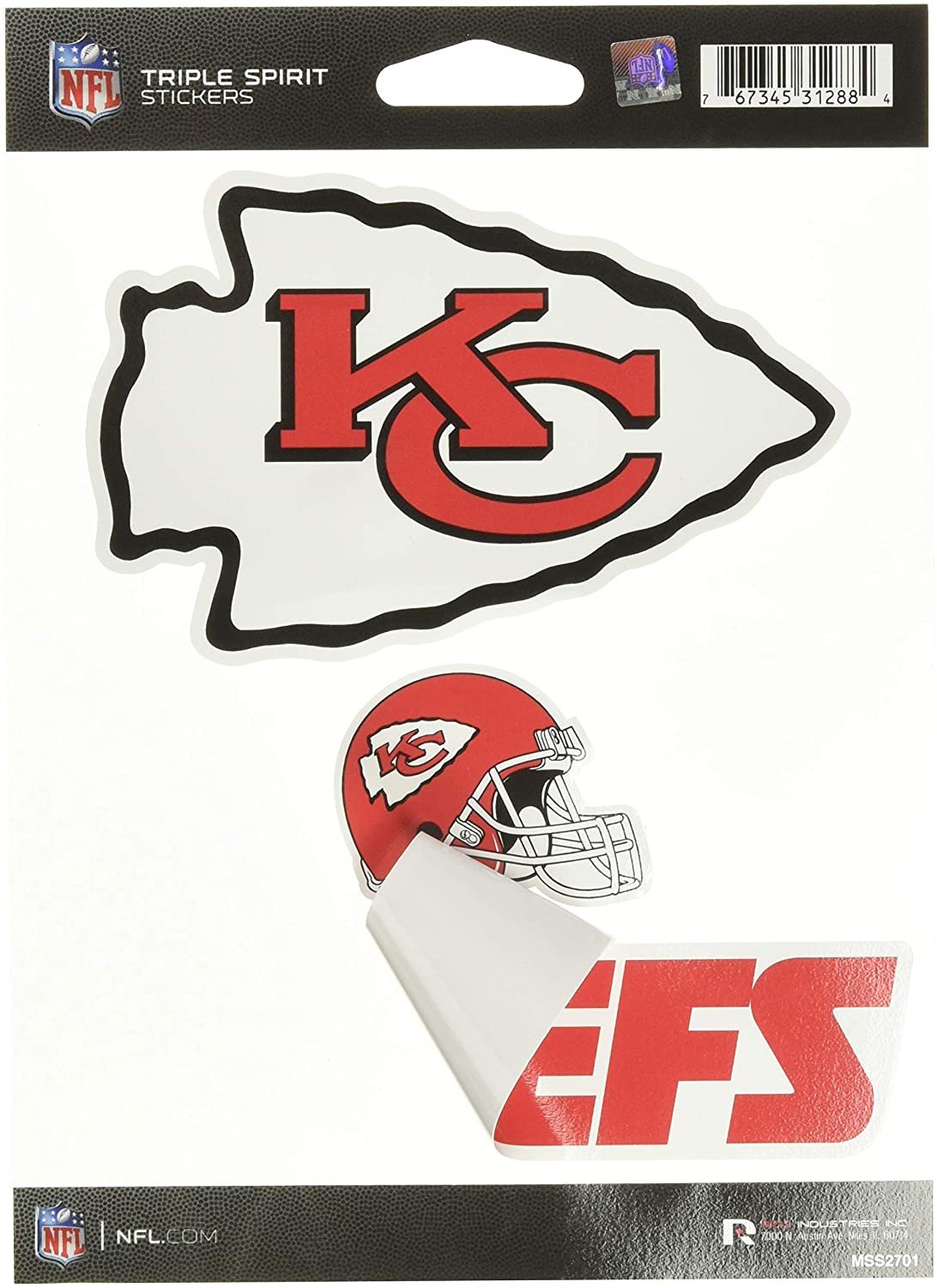 NFL Rico Industries Die Cut 3-Piece Triple Spirit Sticker Sheet, Kansas City Chiefs Team Color, 5 x 7-inches