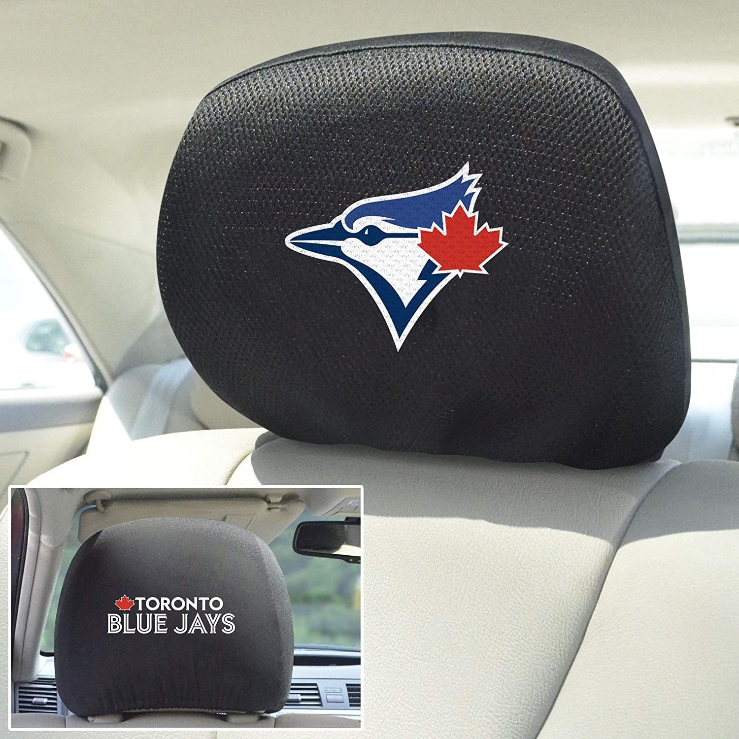 Toronto Blue Jays Pair of Premium Auto Head Rest Covers, Embroidered, Black Elastic, 14x10 Inch