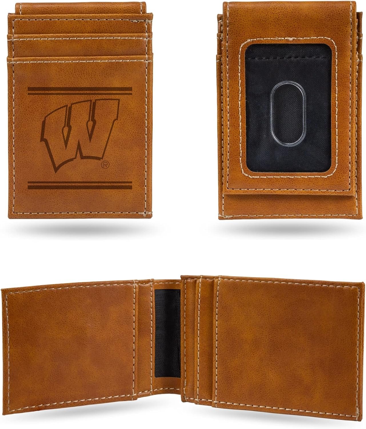 University of Wisconsin Badgers Premium Brown Leather Wallet, Front Pocket Magnetic Money Clip, Laser Engraved, Vegan