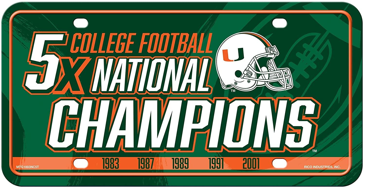University of Miami Hurricanes Metal Auto Tag License Plate, 5-Time Champions, 6x12 Inch