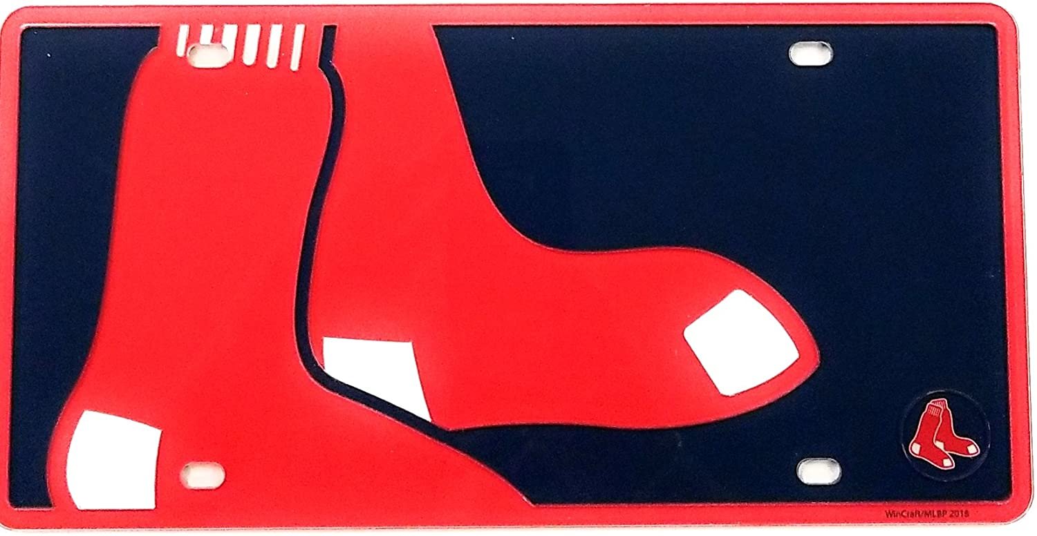 Boston Red Sox Premium Laser Cut Tag License Plate, Mirrored Acrylic Inlaid, Mega Logo, 12x6 Inch