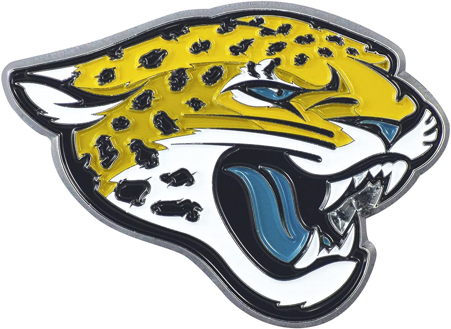 Jacksonville Jaguars Premium Solid Metal Raised Auto Emblem, Team Color, Shape Cut, Adhesive Backing