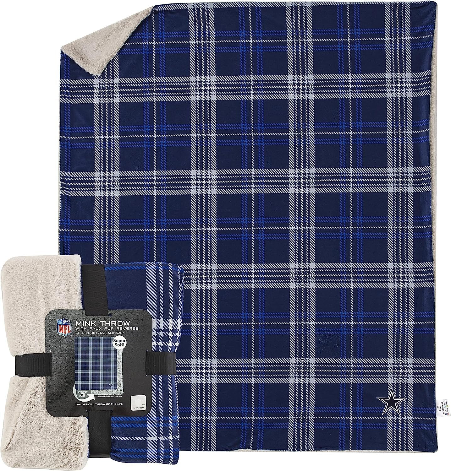 Dallas Cowboys Throw Blanket, Micro Mink Plush Fleece with Faux Fur Reverse, 48x60 Inch