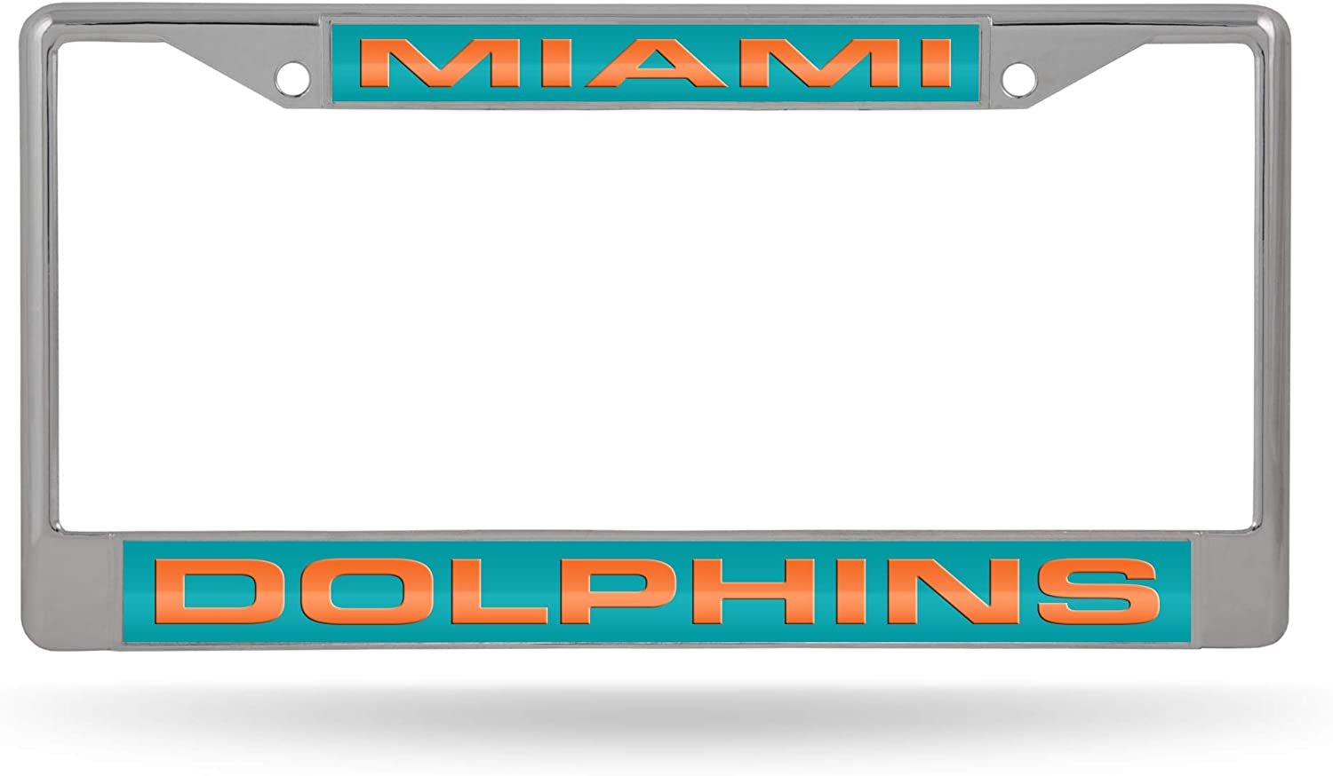Miami Dolphins Chrome Metal License Plate Frame Tag Cover, Laser Acrylic Mirrored Inserts, 12x6 Inch