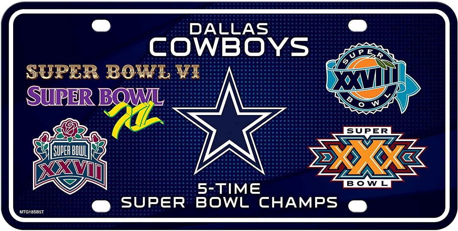 Dallas Cowboys Metal Auto Tag License Plate, 5-Time Super Bowl Champions, 6x12 Inch
