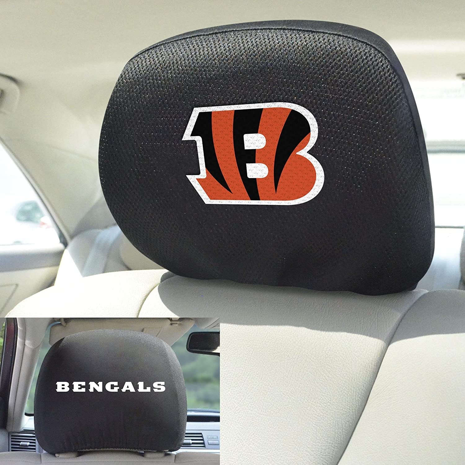Cincinnati Bengals Pair of Premium Auto Head Rest Covers, Embroidered, Black Elastic, 14x10 Inch