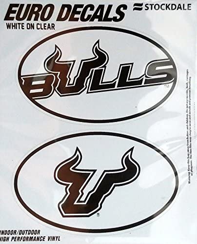 University of South Florida Bulls USF 2-Piece White and Clear Euro Decal Sticker Set, 4x2.5 Inch Each