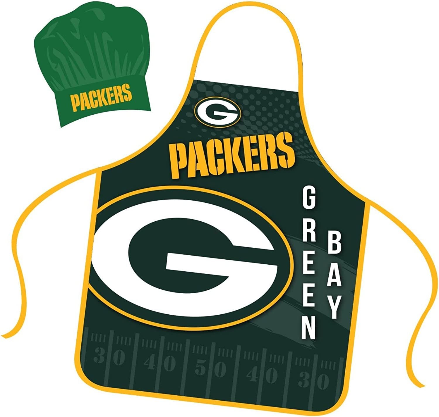 Green Bay Packers Apron Chef Hat Set Full Color Universal Size Tie Back Grilling Tailgate BBQ Cooking Host
