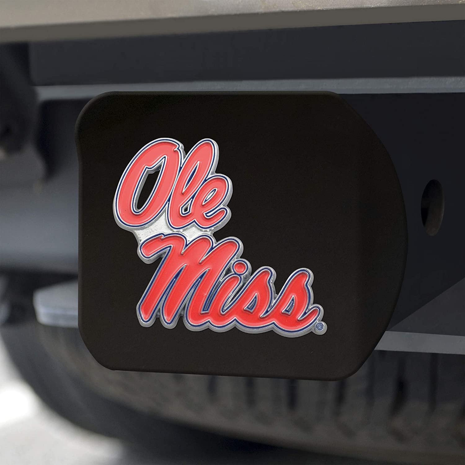 University of Mississippi Ole Miss Rebels Solid Metal Black Hitch Cover with Color Metal Emblem 2 Inch Square Type III