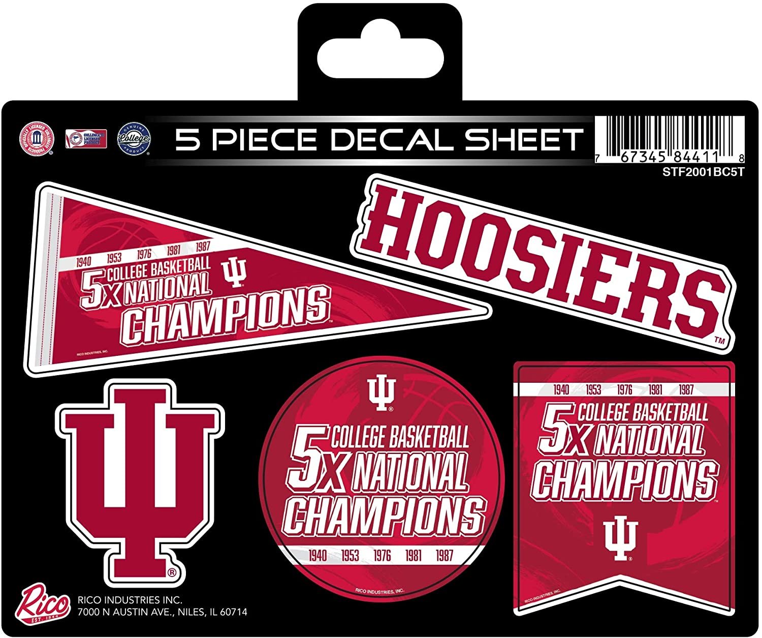 Indiana Hoosiers Decal Sticker 5X Time Champions College Basketball 5 Piece Multi Sheet Flat Vinyl Emblem University